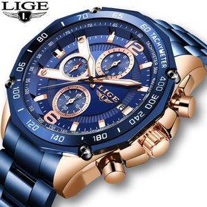 Armbandsur 2021 Titta på män Lige Fashion Blue All Steel Mens Watches Top Military Big Dial For Waterproof Quartz Clock 279s
