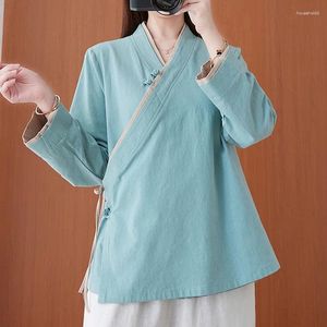 Etnisk kläder bomullslinne kinesiska toppar kvinnor tang kostym lutande packet v nackblus lös kvinnlig skjorta hanfu por traditionell