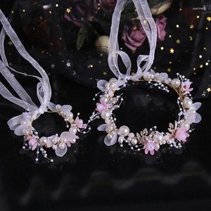 Headpieces 2 Pcs Pink White Flower Headbands Bracelet Sets Simulated Pearl Crystal Hair Hand Vines Ribbon Wedding Gold Accessories