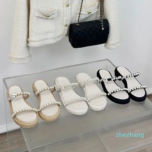 Sheepskin Summer Sweet Mules Women Slippers Pearl Decorate Elegant Party Slides Thick Soled Female Shoes