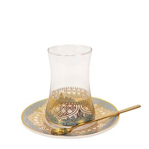 Türkische Teegläser Tassen Set Untertassen mit Löffel Kaffeetasse Romantische exotische Glasblau Gold Küchendekoration 240523 Trinken 240523