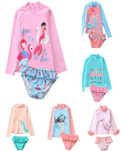 16 stylów Dzieci Twopiece długie 3D syrena ananas Flamingos straży kąpielowej Dziewczyny Bodysuit Swimsuits Kid Bikini Ruffle Beach Sport Bath1996006