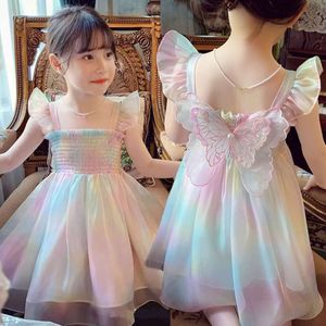 New Summer Cute Princess Gradient Rainbow Butterfly Decoration Mesh Dress For Girls Kids Party Prom Gown Clothes L2405 L2405