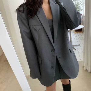 Damskie garnitury Blazers Rziv Spring i jesień Wysoka jakość stylowego kobiecego koloru Solid Kolor duży duży luźny płaszcz Blazer Z240531