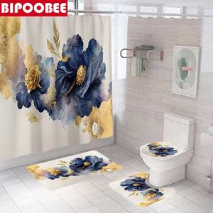 Duschgardiner mörkblå blommor och gyllene blad lyxgardin set badrum pedestal icke-halk mattor toalett badmattor mattor