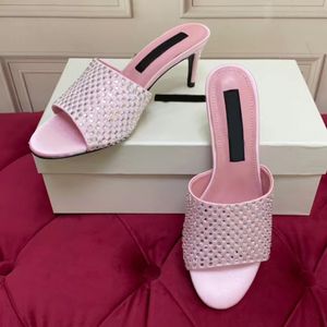 Summer brand slippers women fashionable high heels rhinestones decorative mesh satin casual luxury designer sandals size 35-41