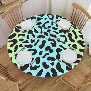 Table Cloth Pastel Leopard Print Green Blue Round Soft Fiber Festive Decor With Elastic Strap