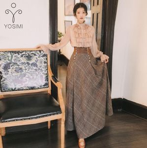 Yosimi 2020秋の冬の長袖ブラウストップとウールの格子縞のスカートとトップセットスーツの女性2ピースの衣装セーターSkirt1628056