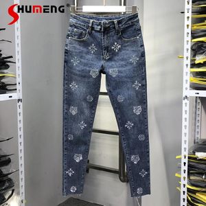 Women's Jeans Rhinestones Pencil For Women Spring And Summer Stretchy High Waist Slim Embroidery Drilling Cropped Skinny Pants