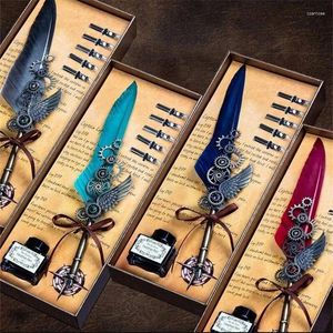 Party Favor Mechanical Feather Pen Vintage Calligraphy Dip Fountain Sets Ink Stationy Quill Creative Retro Writing School Office