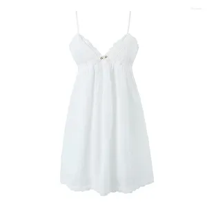 Casual Dresses Summer Dress 2024 Women spets trim bow v nack ärmlös vit sling mini mantel