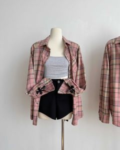 Ch Autumn and Winter New Pink Plaid Leather Long Sleeve Shirt for Womens Fashion Versatile Loose Embroidery Coat Women