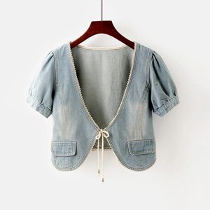 Summer Modna Krótkie dżinsowa kurtka jeansowa kardigan odzież wierzchnia Kobieta Duża rozmiar Slim Lace Up V Nurce Kurtki 240531