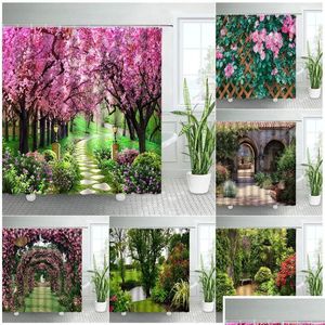 Tende da doccia primaverili paesaggistica rurale set di fiori rosa foresta albero naturale floreale vegetale scenario con ganci drop driv dhvjg