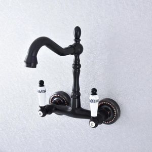 Kitchen Faucets Black Oil Rubbed Bronze Brass Wall Mounted Dual Ceramic Handles Bathroom Vessel Sink Faucet Mixer Taps Asf748