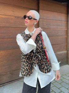 Vests Women 's Vests Cotton Quilted Vest Leopard 프린트 레이스 업 패딩 vneck bow jackets 여성 2024 Sleeveless Street Wasitcoat Tops