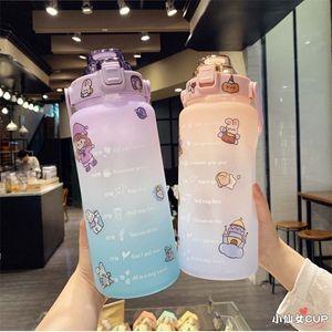 2 Liter Large Capacity Free Motivational With Time Marker Fitness Jugs Gradient Color Plastic Water Bottle Frosted Stickers Cup 220307 216H
