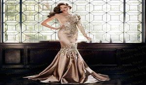 Elegant Luxury Zuhair Murad Dresses Evening Wear Dubai One Shoulder Long Sleeve Rhinestone Crystal Formal Gowns Muslim Gold Prom D4649118