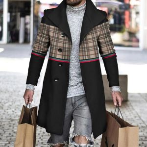 Blends Men's Wool Blends Retro Houndstooth Print Splicing Woolen Coat Men Casual Turndown Collar Button Jacket Autumn Winter Pocket Long
