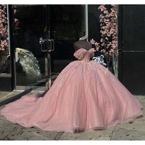 Rose Pink Princess Sparkly Quinceanera Dresses Off Shoulder Gillter Applique Crystal Sweet 15 Vestido Cinderela Debutante 0531