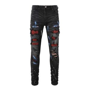 Men's Pants Mens Black High Street Fashion Distressed Destroyed Holes Crystals Patches Slim Fit Stretch Ripped Jeans S2452411