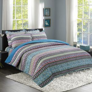 Bedding Sets Blue Bohemian Striped Reversible 4 Pieces Colorful Boho Set Quilted Duvet Cover Bedspread Pillow Shams Full Queen Size