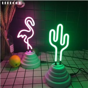 Dropship 3D Flamingo Cactus Shaped Neon Nightlight DC 5V Pink Green Handcrafted Glass Tube Neon Lamp For Festival Decoration 274s