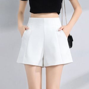 Kostym kort hög midja aline shorts vår sommaren casual löst bred ben chiffong lady svart vit 240523