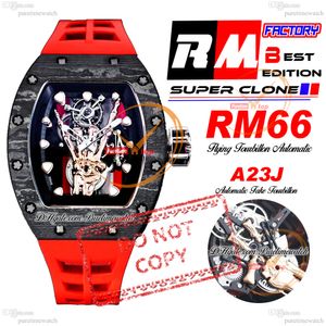 66 Flying Tourbillon Automatic Mens Watch RMF Devil's Hand Black Carbon TPT Rose Gold Skeleton Dial Red Rubber Strap Super Edition Reloj Hombre Montre Puretime