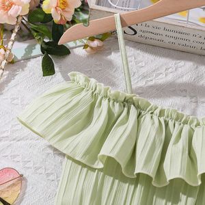 Kids For 8-12 Years Girls Green Halter Dress & Detachable Belt Lovely Style Birthday Party Summer Vacation Daily Clothes
