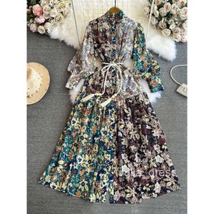 Spring and Autumn Fashion Celebrity Elegance Lantern Long sleeved Standing Neck Waist Slimming Single breasted A-line Printed Dress