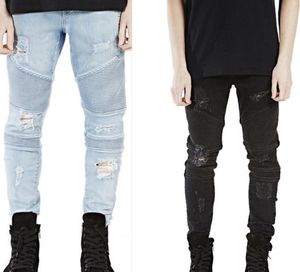 NEU 2016 Street Hole Biker Jeans Stereo Clipping Elastic Hole Ripped Jeans Männer Denim Fold Foot Locomotive Jeans Stech Skinny Bike56477775