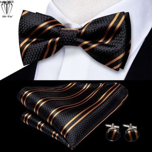 Hi-tie Jacquard Silk Black Gold Striped Mens Bowtie Adult Bow Tie Hankerchief Cufflinks Set Pre-tied Men Butterfly Bowknot