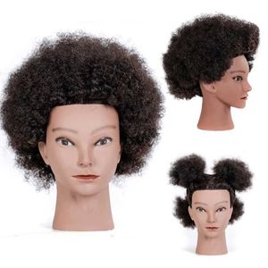Mannequin Heads 8 Inches Afro Puff Hair100% Human Hair Wig Mannequin Head Teaching Head Braided Hair Weaving Hair Perm Dyeing Blow Styling Q240530