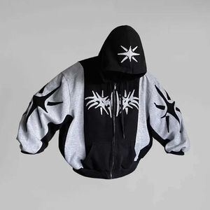 Herrtröjor tröjor y2k hoodie nya harajuku hiphop lapptäcke broderi överdimensionerade zip up hoodie gotiska herrar kvinnor mode jacka streetwear q240530