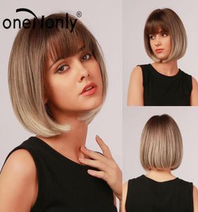 Oneononly Short Bobo Perg Ombre Brown Blond Szare Syntetyczne peruki z grzywką Cosplay Naturalne codzienne włosy dla kobiet odpornych na ciepło 527675898336