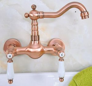 Kitchen Faucets Antique Red Copper Brass Wall Mounted Bathroom Sink Faucet Swivel Spout Mixer Tap Dual Ceramics Handles Levers Anf949