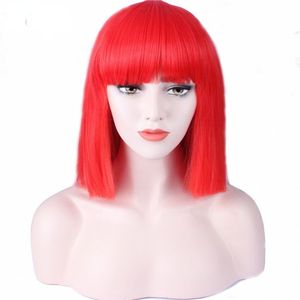 Red Short Straight hair Fashion lady Sexy Natural Fluffy Role playing wig Synthetic short hair Bob short hair black and White women wig Pgxk
