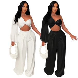 Summer Women Two Piece Set White Black One Shoulder Long Sleeve Wrap Crop Top och Peplum Ruched Wide Ben Pant Suit Sexy Woman Clothes