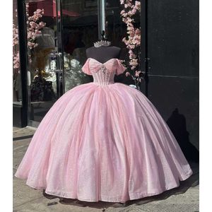Pink Sparkly Princess Quinceanera Dresses Off Shoulder Boning Crystal Gillter Skirt Vestidos Fiesta De 15 Anos 0531