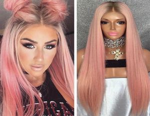 Two Tone Color SwissLace Front Wig Dark Roots 24inch Silky Straight Brazilian Virgin Human Hair Ombre Pink Full Lace Wigs Fast Exp4612864