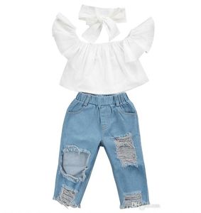 New Fashion Children Girls Clothes Off Shoulder Crop Tops White Hole Denim Pant Jean Headband 3pcs Toddler Kids Clothing2619338