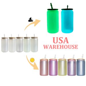 US Warehouse Borokrzemię 16 uncji Sublimation UV Zmiana kolorów i świec w ciemne, delikatne szkło do picia z bambusową pokrywką i słomką na dostosowane prezenty
