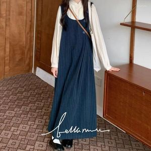 Casual Dresses Vintage College Literary Style Women Dress Set Lång ärm Beige Shirt Lossa en Line Blue Randig Stackig kostym