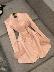 2024 Autumn Pink Solid Color Panel Feather Blazer Dress Long Sleeve Lapel Neck Buttons Single-Breasted Casual Dresses WSJ4W211722