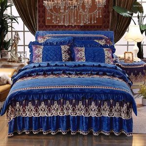 Sängkläder set blå röd kristall prägling lyxig set drottning/king size tjock säng 4st fleece tyg tak täcke bäddskjol