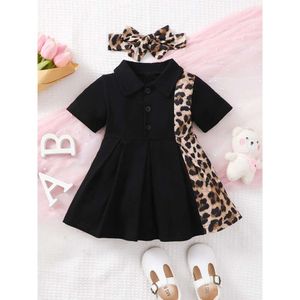 0-3 Year Old Newborn Baby Girls Summer Short Sleeved Lapel Black Leopard Print Cute Fashion Pleated Dress L2405 L2405