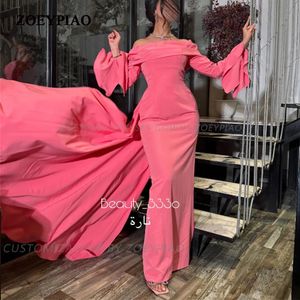 달콤한 분홍색 아랍어 맞춤형 공식 행사 드레스 어깨 긴 소매 끄는 주름 공식 이브닝 파티 가운 240518