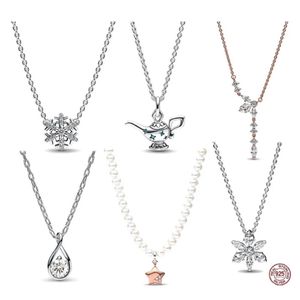 Fashion S925 Sterling Silver Drop-shaped Teapot Snowflake Square Pendant Necklace Fit Original Beads DIY Gift