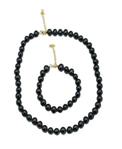 Real Natural Peacock blue Black Round Pearl Necklace Bracelet Sets Simple Gift For Lady Girls4281198